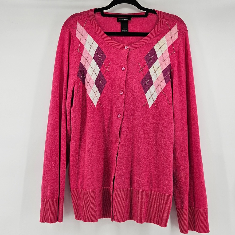 Lane Bryant Pink Argyle Cardigan Sweater Plus Size 18/20 Preppy‎ Office Twee